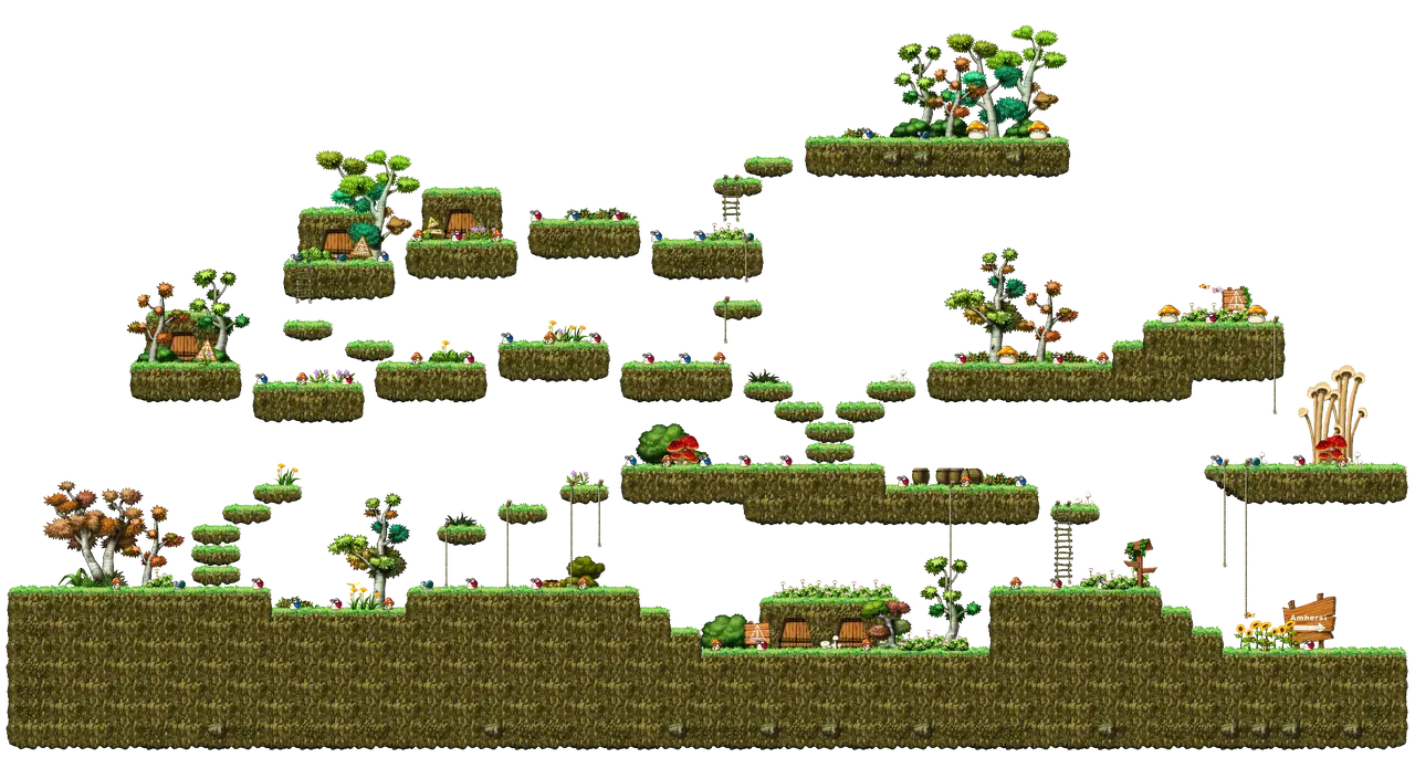 The Field West of Amherst in MapleStory Classic World: full map with platforms, ropes and monster spawns