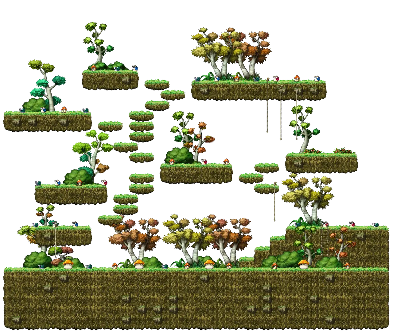 In a Small Forest in MapleStory Classic World: full map with platforms, ropes and monster spawns