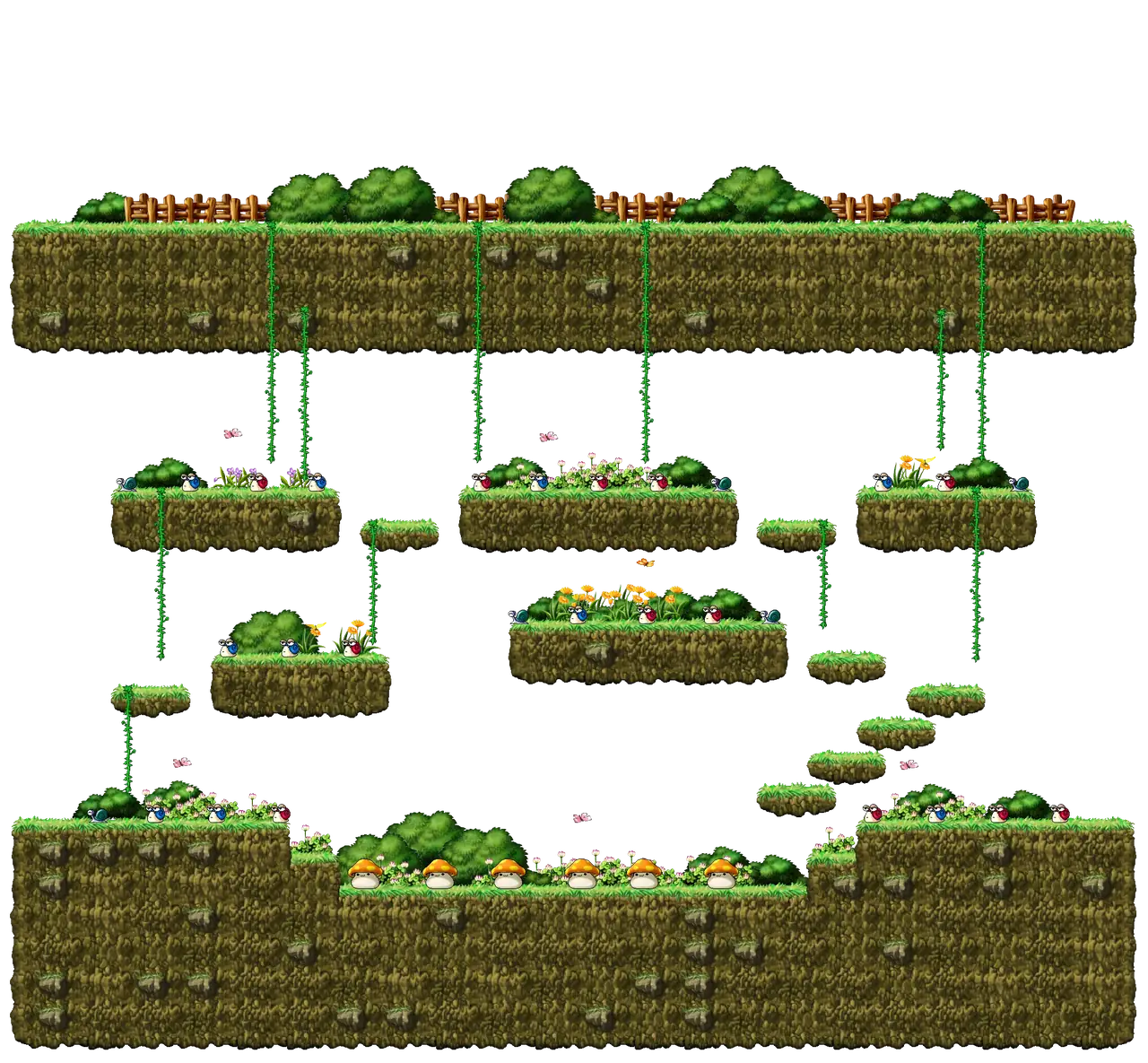 Snail Field of Flowers in MapleStory Classic World: full map with platforms, ropes and monster spawns