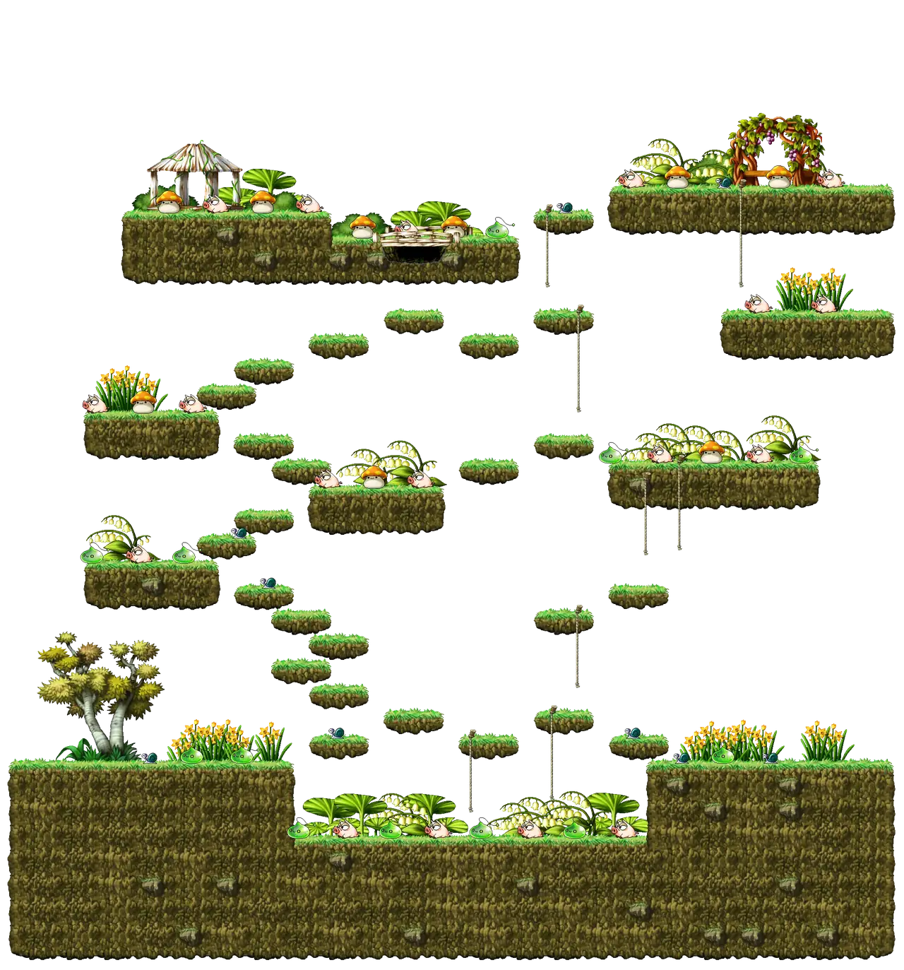 Thicket Around the Beach II in MapleStory Classic World: full map with platforms, ropes and monster spawns