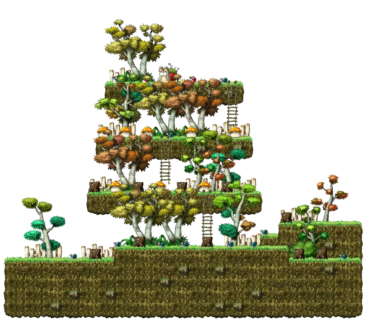 Thicket Around the Beach III in MapleStory Classic World: full map with platforms, ropes and monster spawns