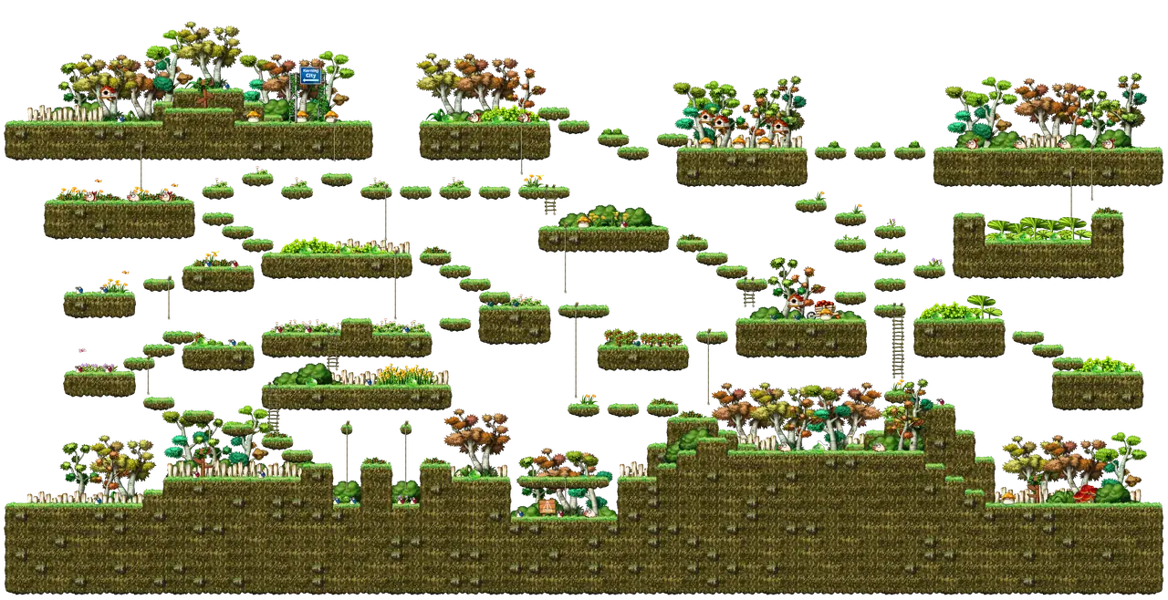 3-Way Road-Split in MapleStory Classic World: full map with platforms, ropes and monster spawns