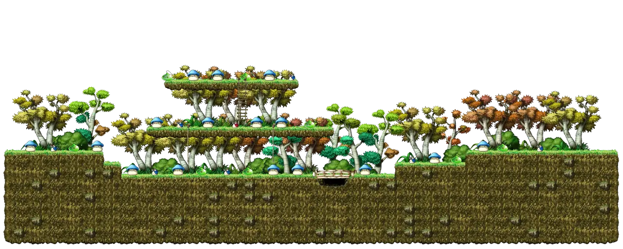 The Blue Mushroom Forest in MapleStory Classic World: full map with platforms, ropes and monster spawns