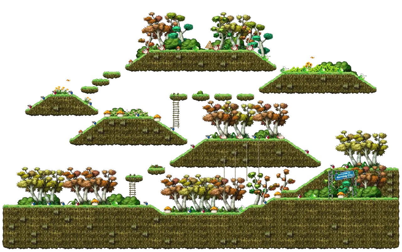 Kerning City Middle Forest I in MapleStory Classic World: full map with platforms, ropes and monster spawns