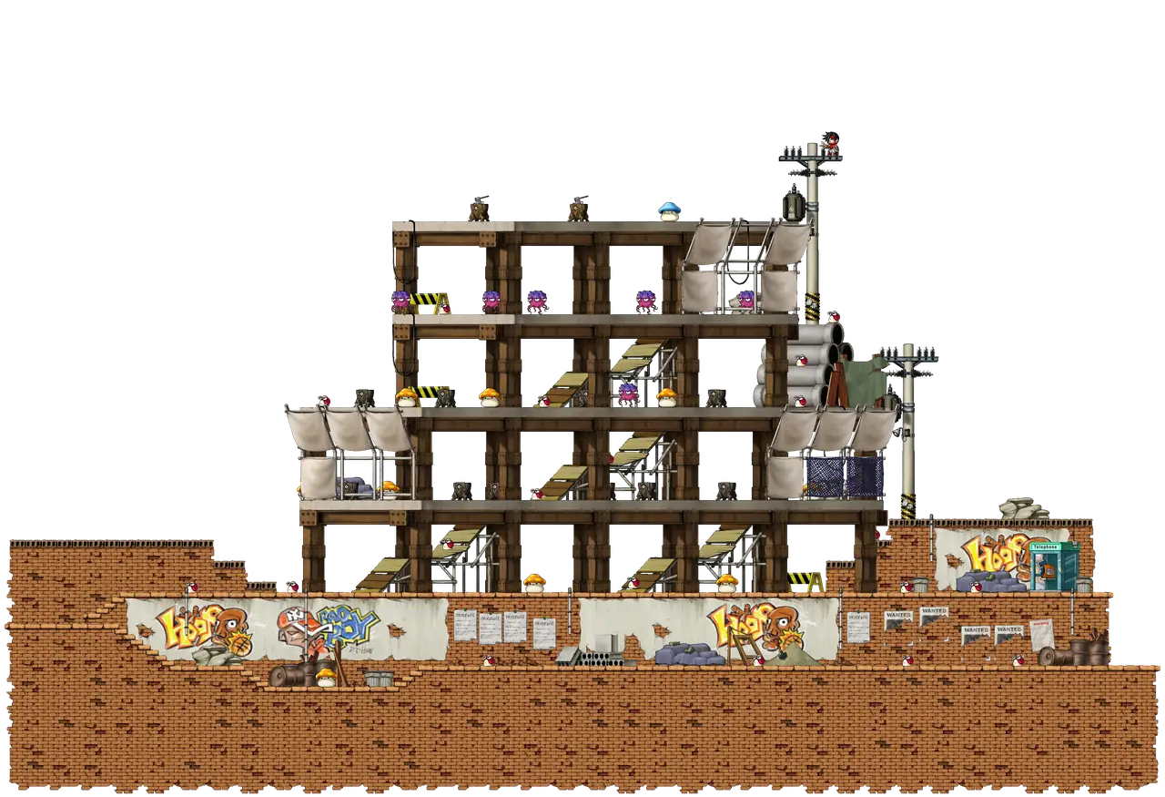 Construction Site North of Kerning City in MapleStory Classic World: full map with platforms, ropes and monster spawns