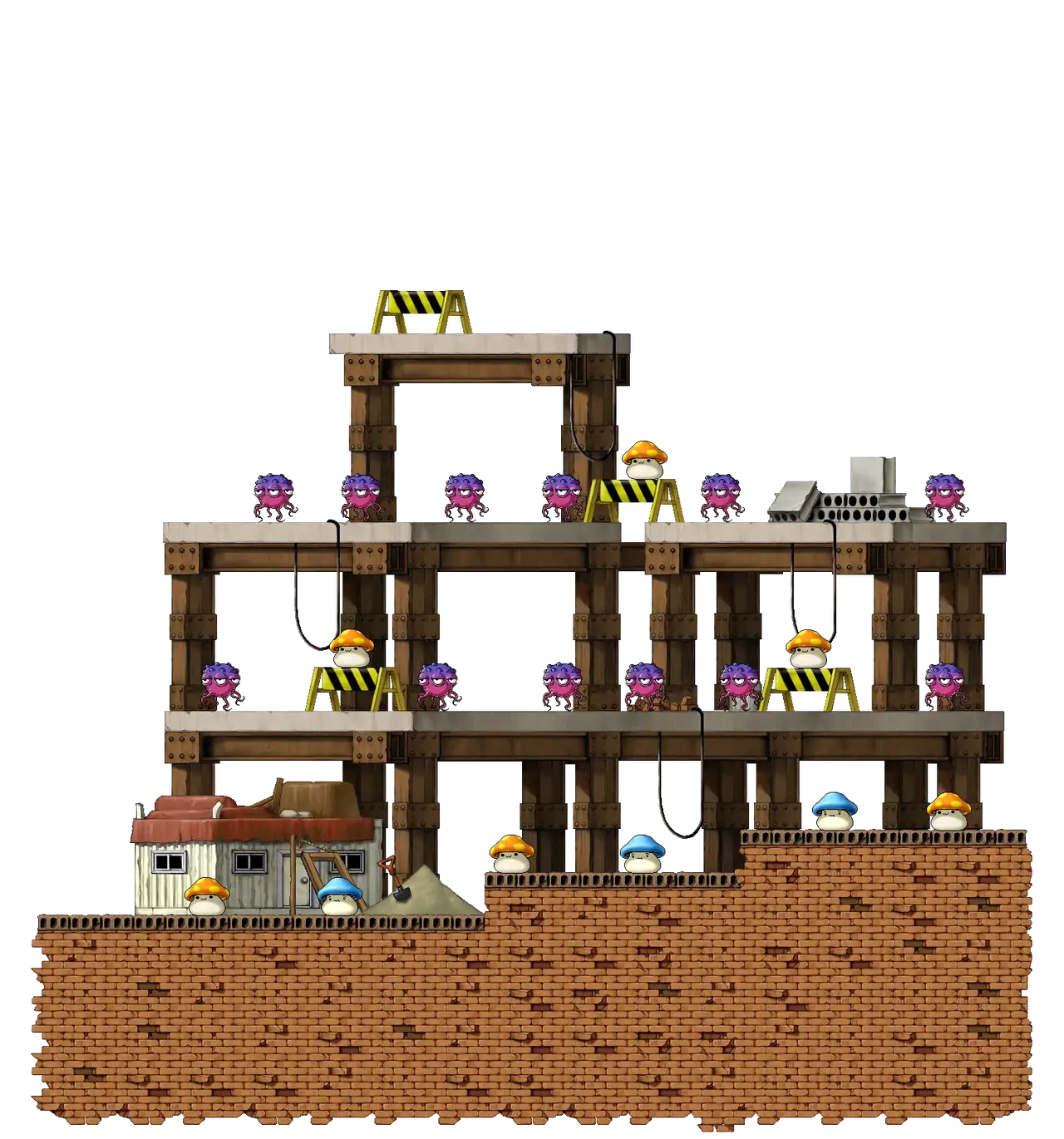 Northern Top of Construction Site in MapleStory Classic World: full map with platforms, ropes and monster spawns