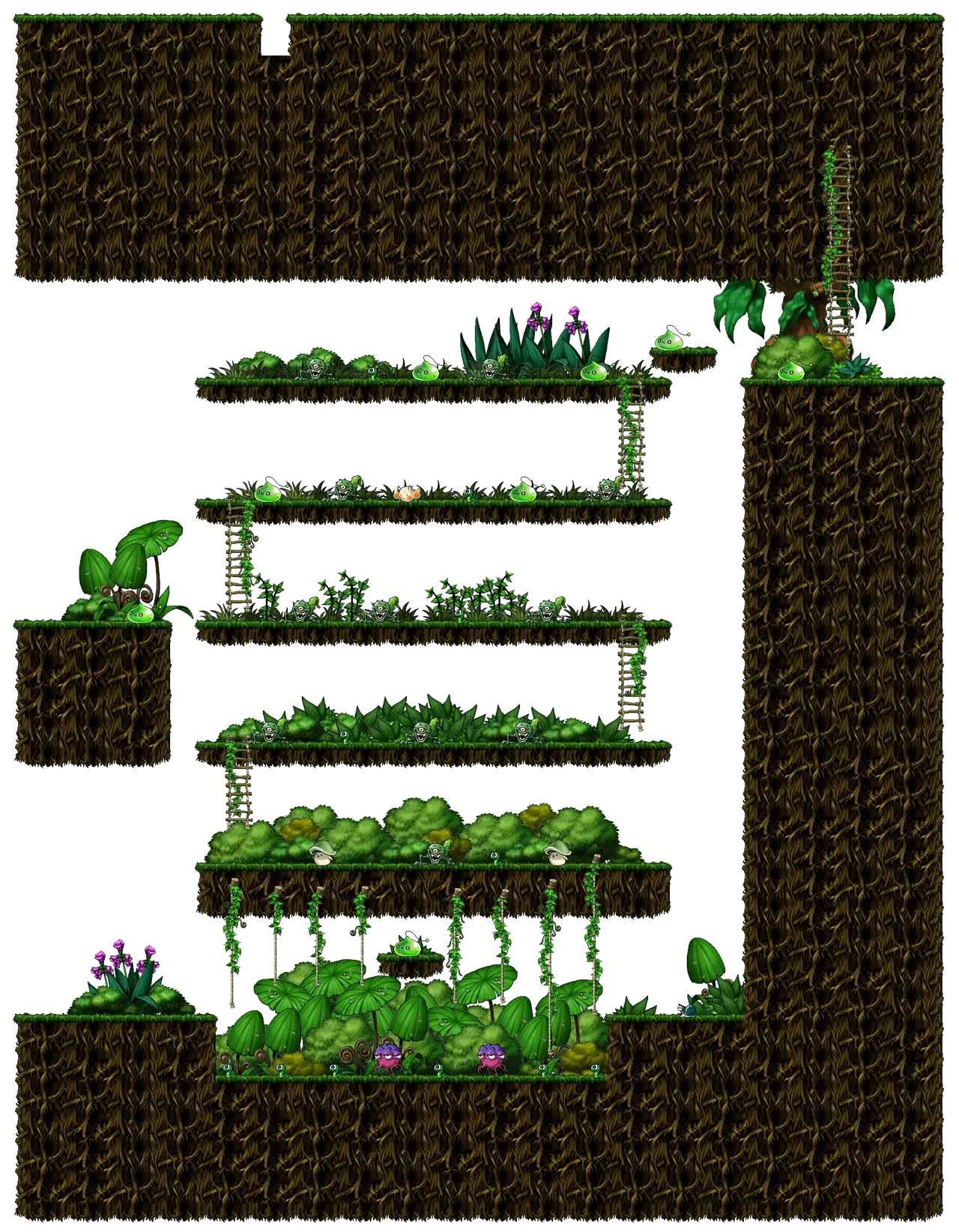 Hunting Ground in the Deep Forest I in MapleStory Classic World: full map with platforms, ropes and monster spawns