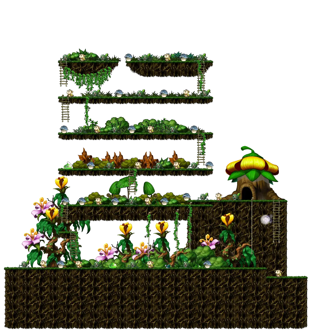 Hunting Ground in the Deep Forest II in MapleStory Classic World: full map with platforms, ropes and monster spawns